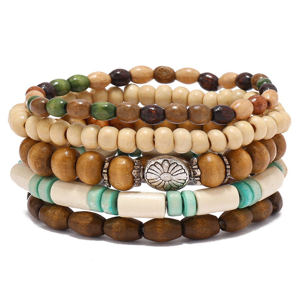 Bracelet For Men Retro Art Style Small Fresh Flower Multi-piece Set Of Wood