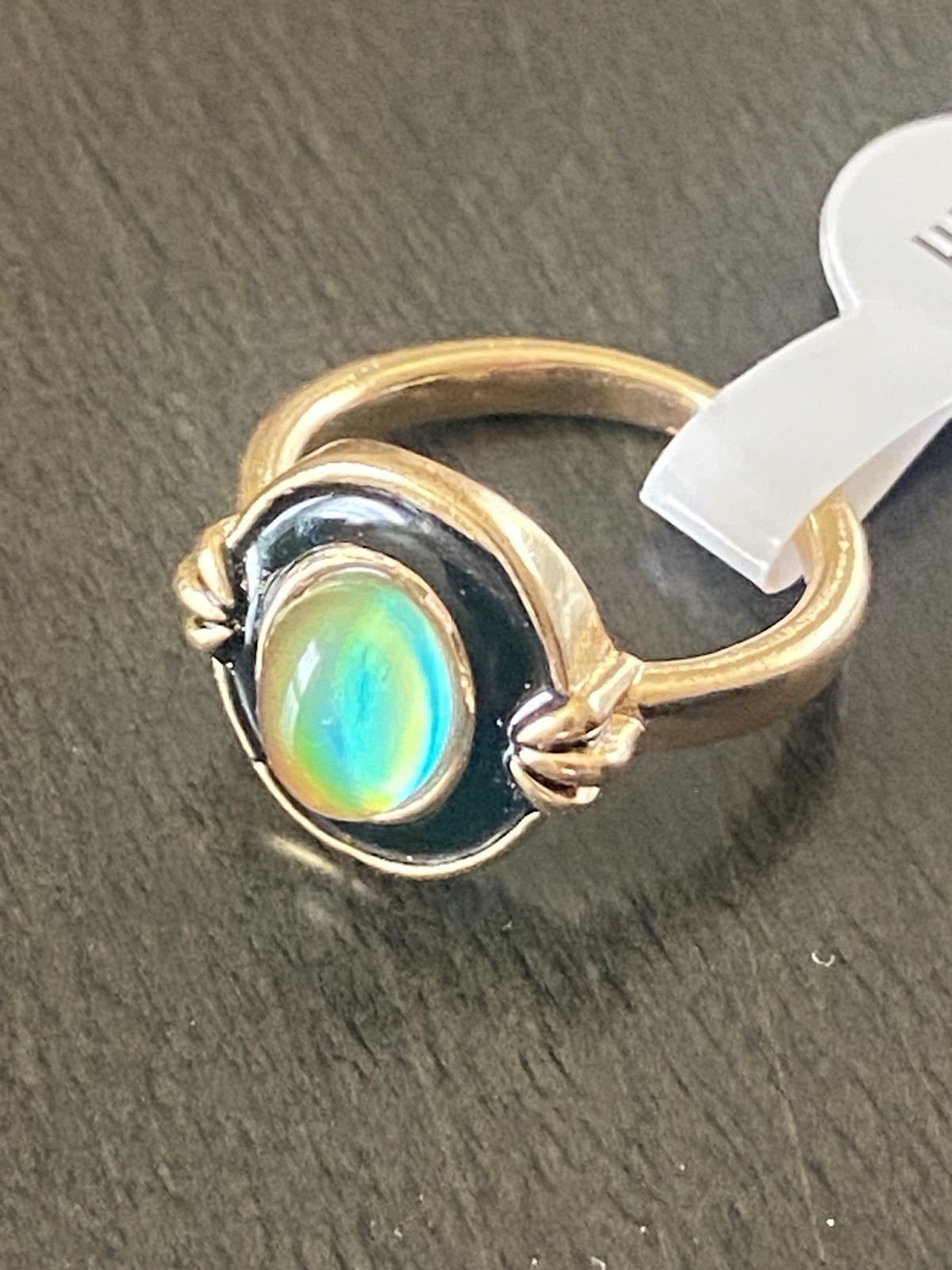 Elegant Gold-Plated Copper Mood Ring | Black Enamel & Oval Glass Stone Size 6