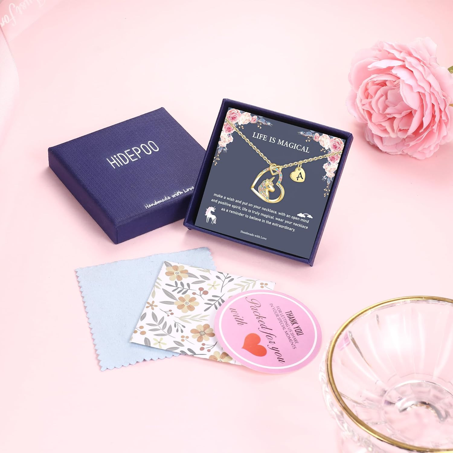 Unicorn Gifts for Girls Necklace – Colorful CZ Heart Pendant Initial Unicorn Nec