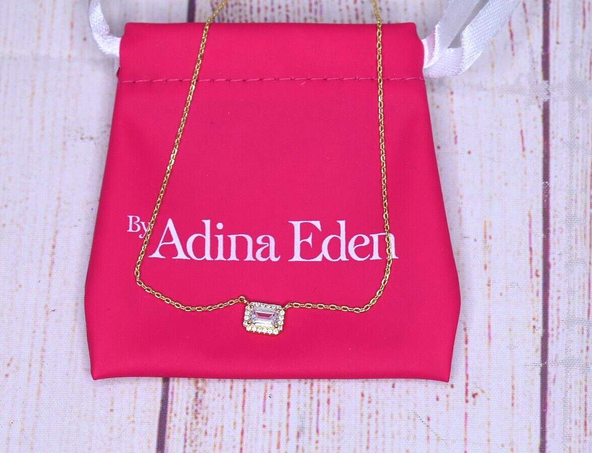 Adina Eden Pave Outlined Baguette Solitaire Pendant 16″ Necklace NEW W/ Pouch