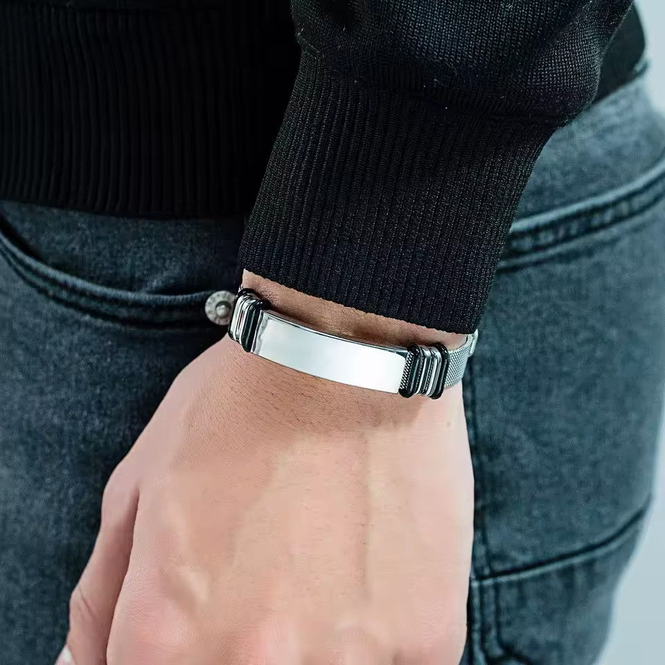 Custom Engraved Name Bracelet Personalized Text Jewelry Stainless Steel Silver