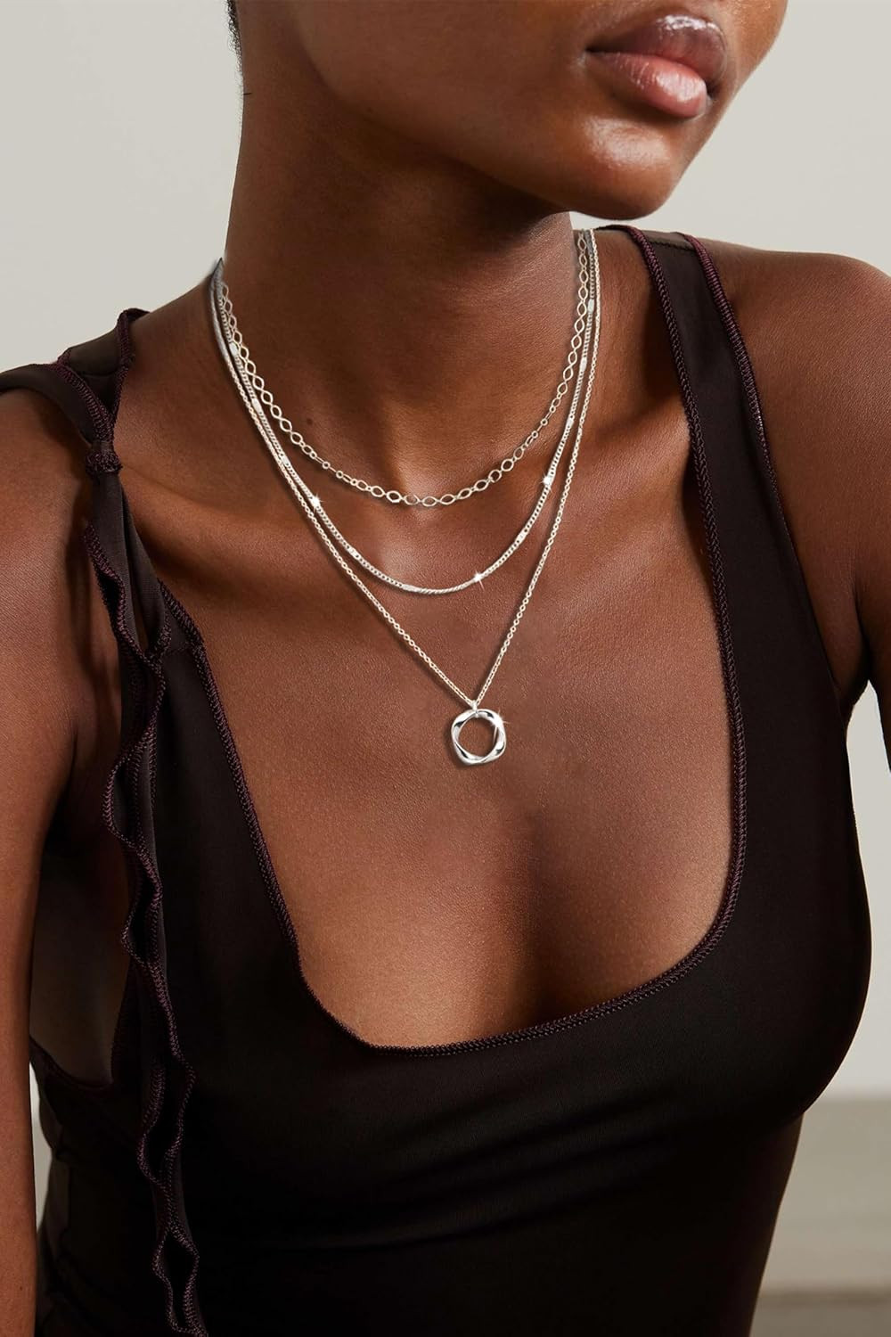 Layered Silver Necklaces for Women, Sterling Silver Stackable Stack Choker Neckl