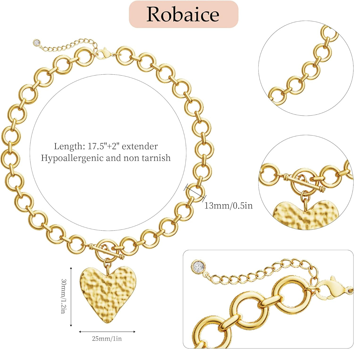 Chunky Gold Heart Necklace for Women，14K Gold Plated Chunky Heart Pendant Bold C
