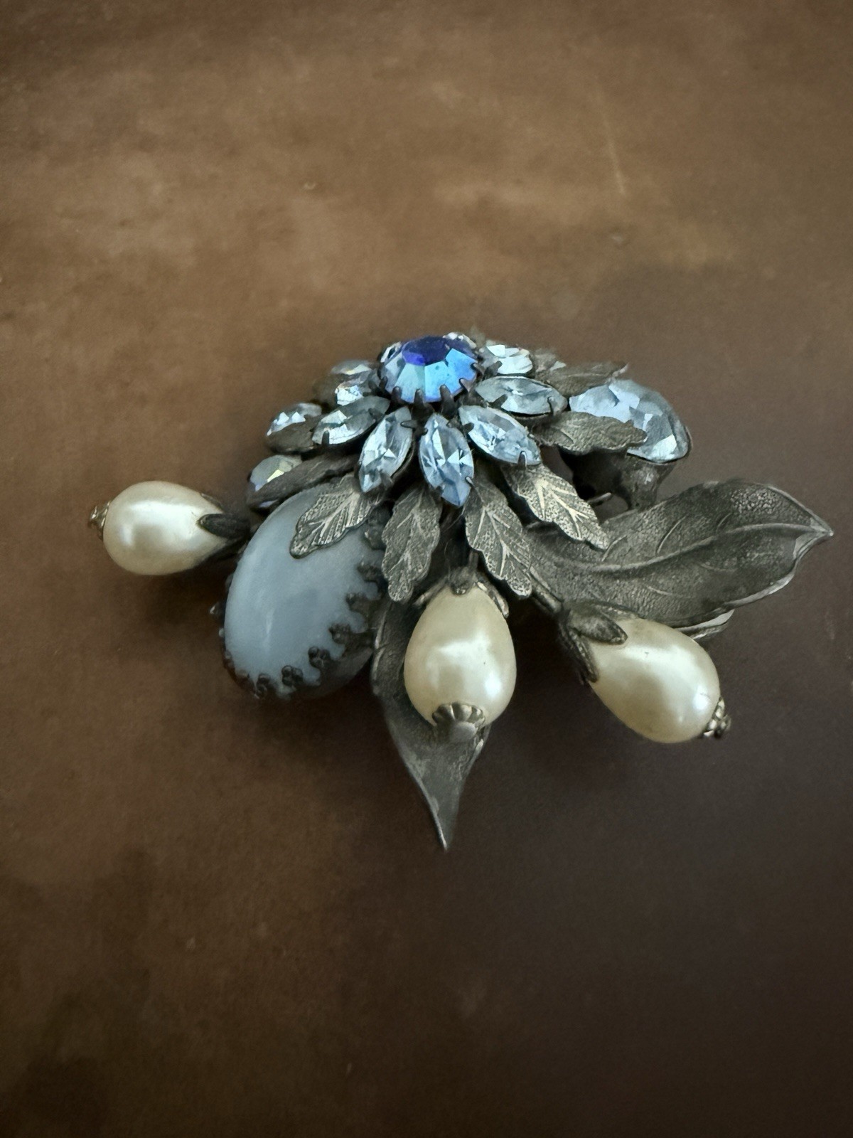 Vintage Signed Regency Blue Rhinestone Faux Pearl Flower Brooch Pin Mid Century