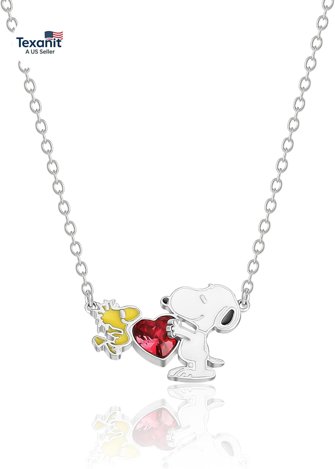 Official Snoopy and Woodstock Necklaces, Silver Flash-Plated with Red Crystal He