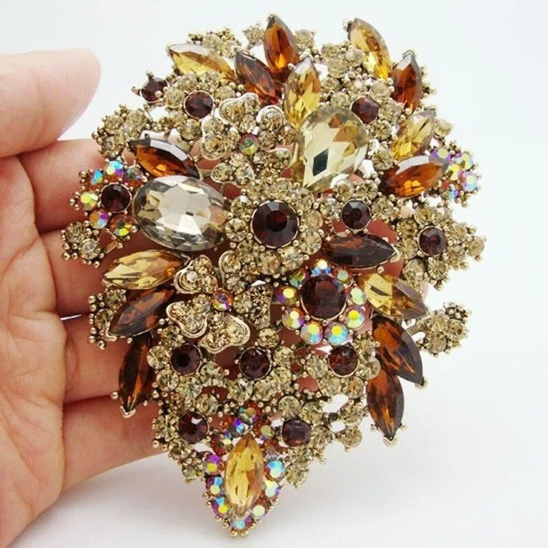 Gold Tone Unique Flower Drop Brooch Pin Pendant Topaz Rhinestone Crystal Jewelry