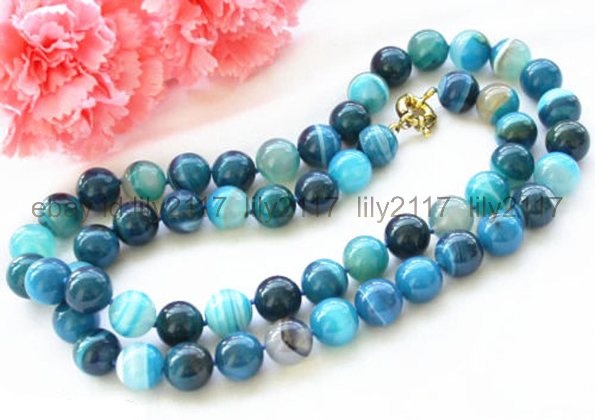 AAA NATURAL 10MM BLUE CRAZY DRAGON GRAIN AGATE ROUND BEADS NECKLACE 18”