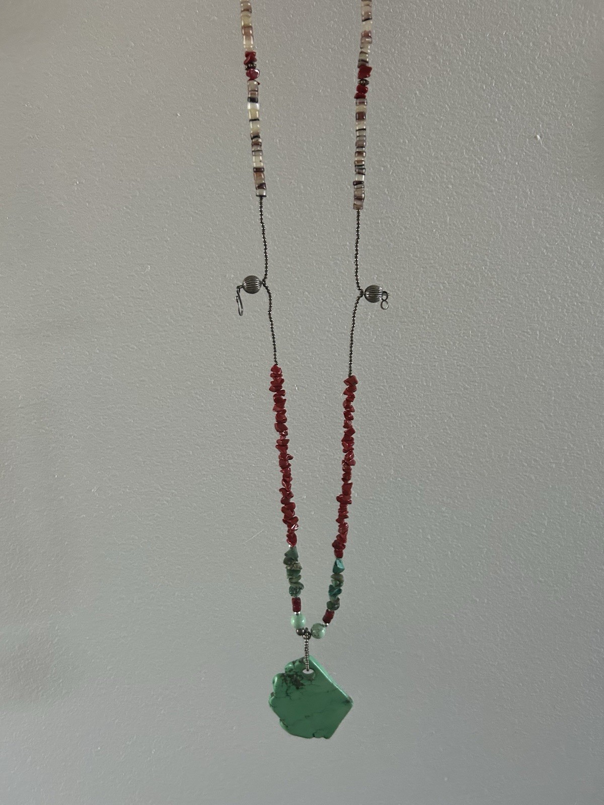 Turquoise & Coral Stone Beaded Pendant Necklace, Ball/Bead Chain, Hook