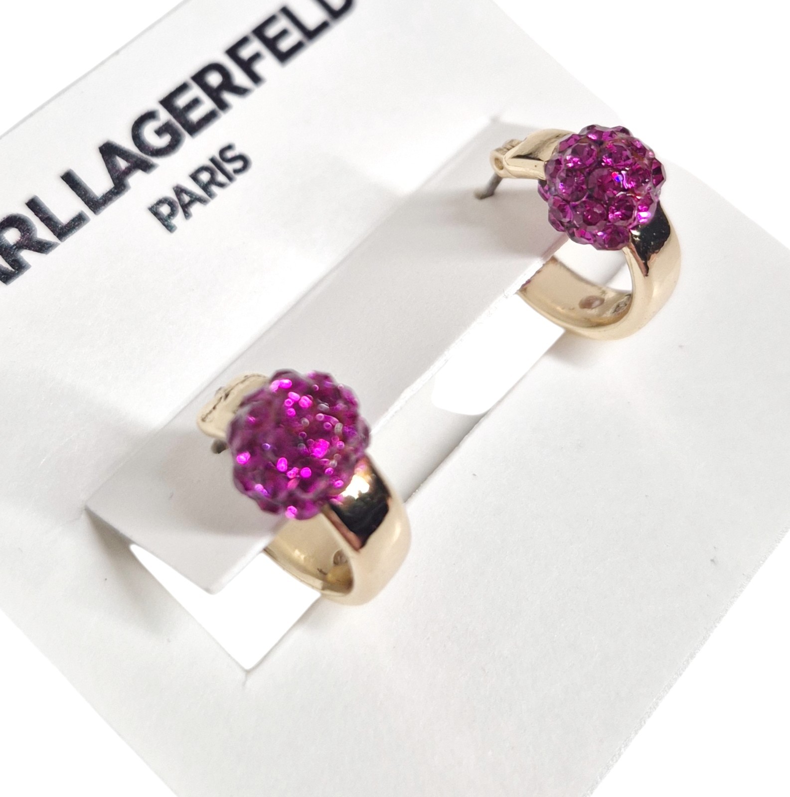 Karl Lagerfeld Small Pave Fireball Huggie Hoop Earrings Pink Gold Plated New