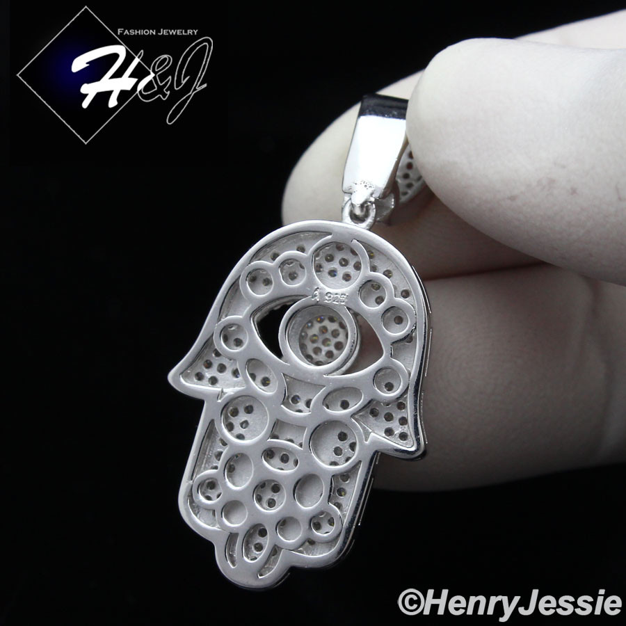 925 STERLING SILVER 24″X2MM MOON CUT BEAD CHAIN ICY CZ 3D HAMSA HAND PENDANT*178