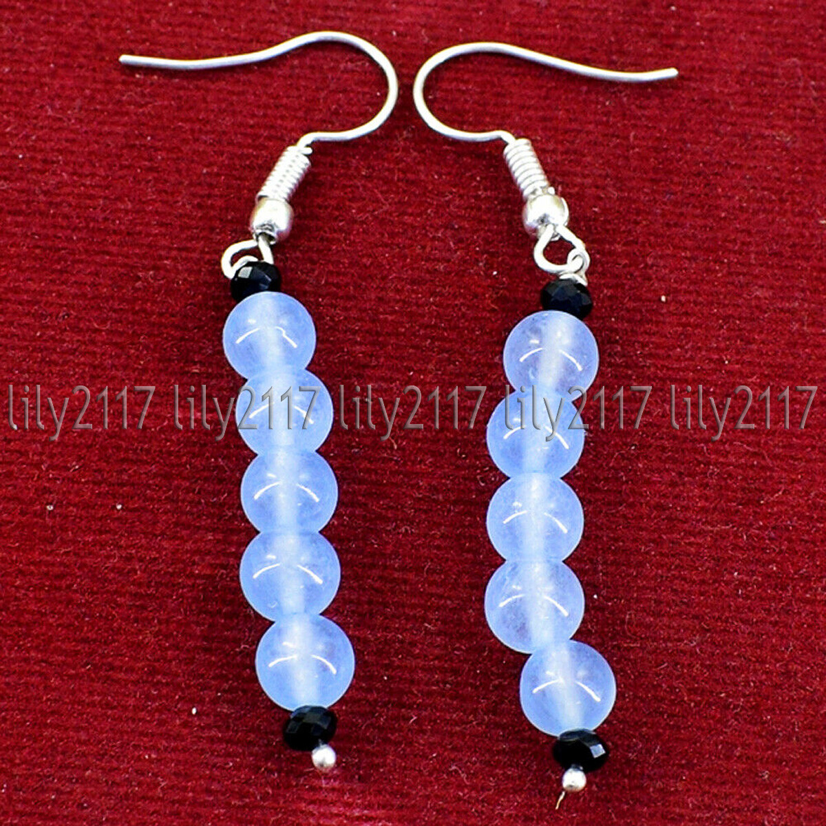 Natural 6mm Blue Chalcedony Round Gemstone Beads Silver Hook Dangle Earrings