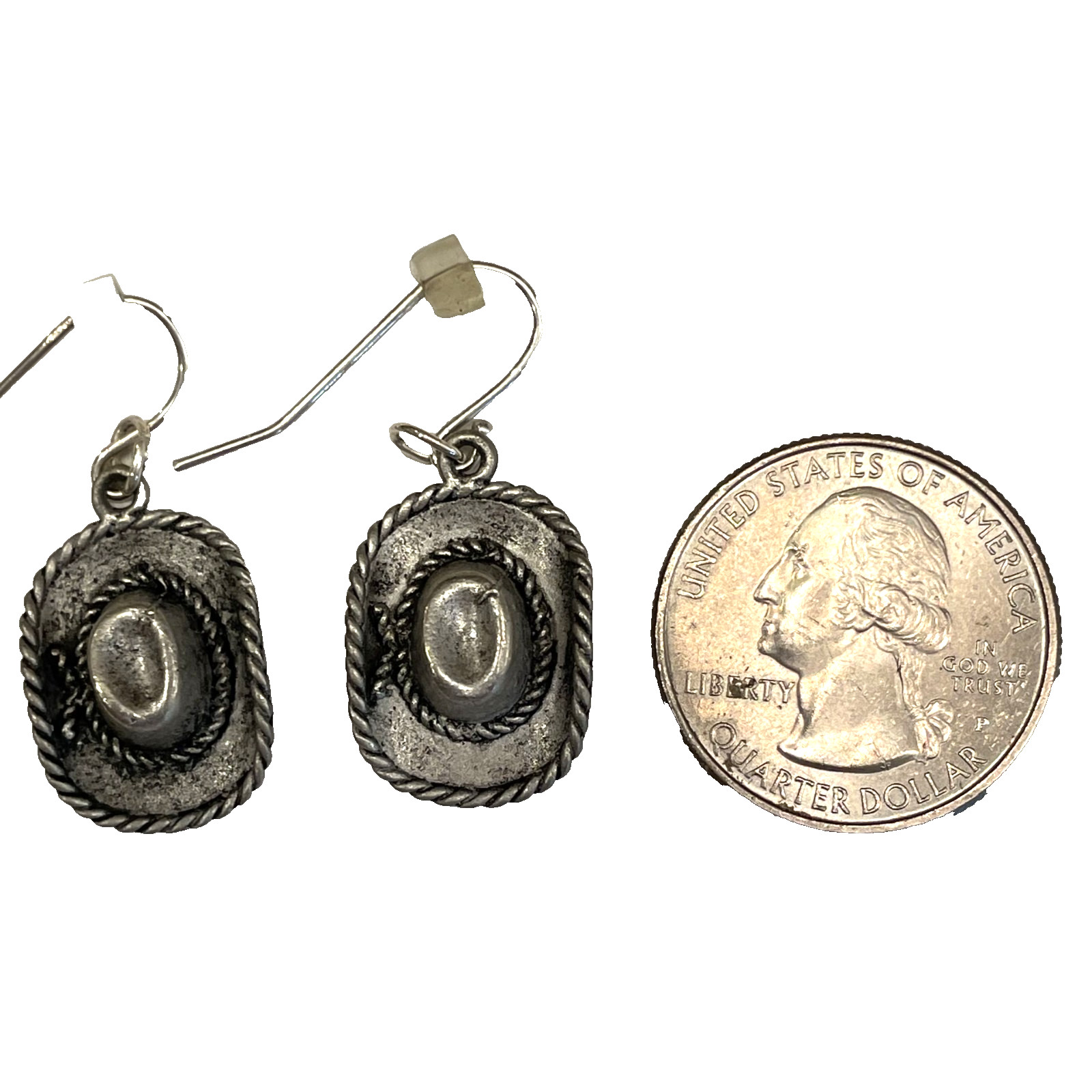Western Cowgirl Hat Pierced Earrings Dangle Pewter Tone