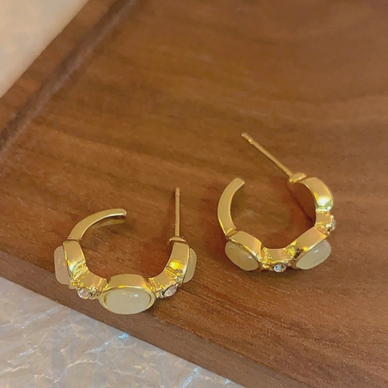 Fashion Gold-plated Irregular C-shaped Opal Stone and CZ Inlaid Stud Earrings