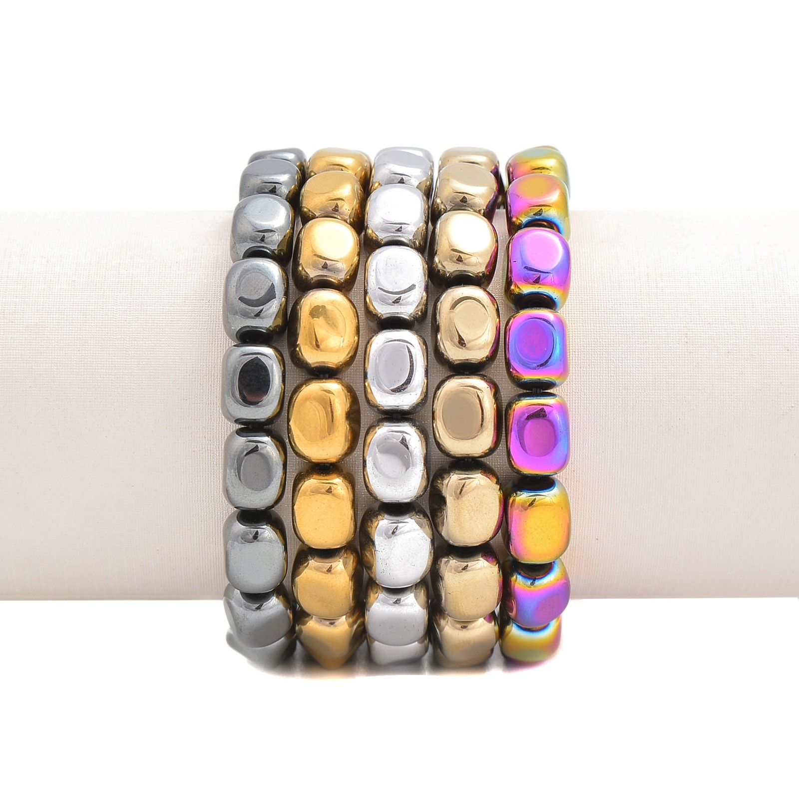 Silver Plated Hematite Double Drilled Bangle Bracelet Beads 10x12mm 7.5” Length