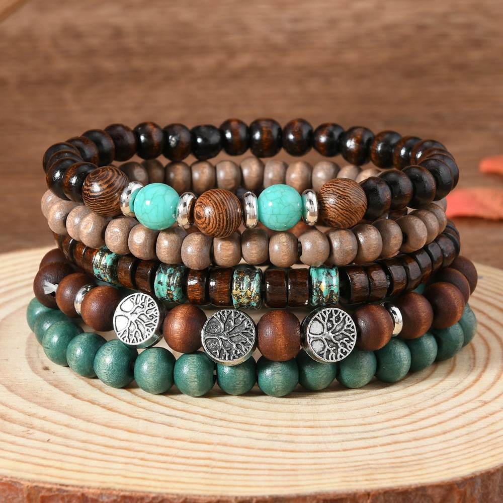 Vintage Men’s Wood Beaded Bracelet Turquoise Stone Life Tree Multi Layer