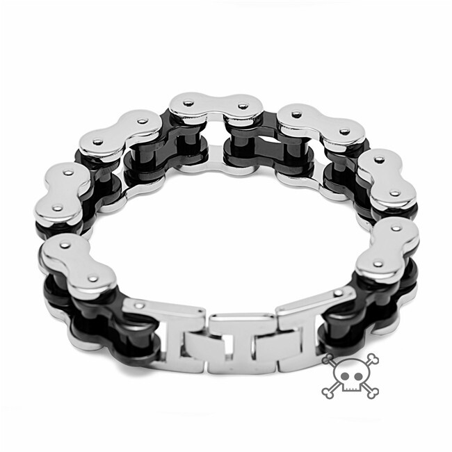 Black Silver Tone 18mm Stainless Steel Motorcycle Bike Chain Link 9 in Bracelet