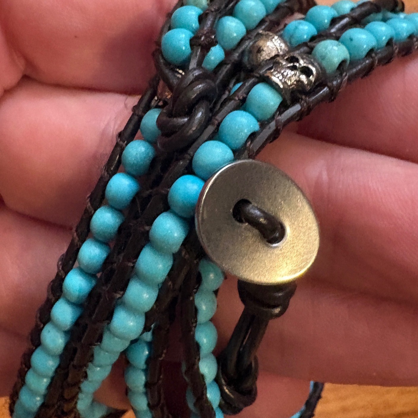 Leather Wrap Bracelet Set Turquoise Skull & Metallic Beads Boho 2pc