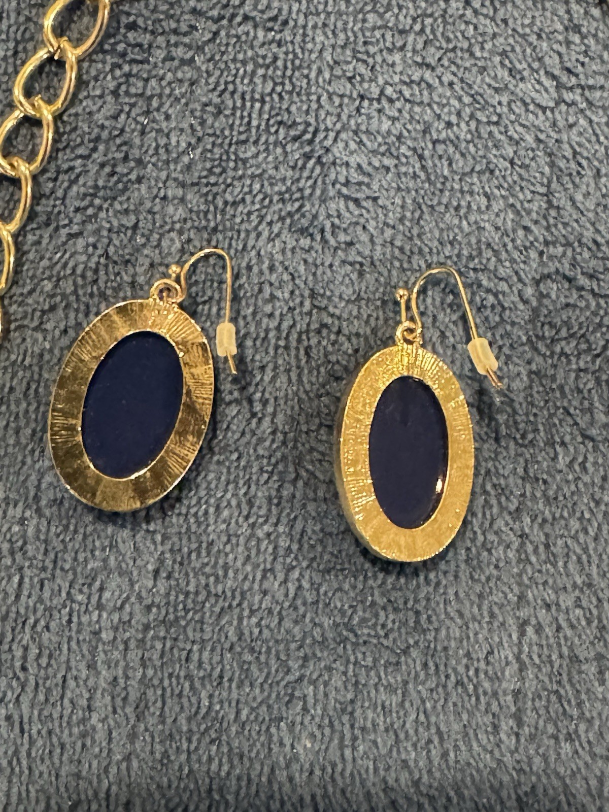 Fashion Bib Necklace Dark Blue and Gold Tones with Matching Earrings NWOT