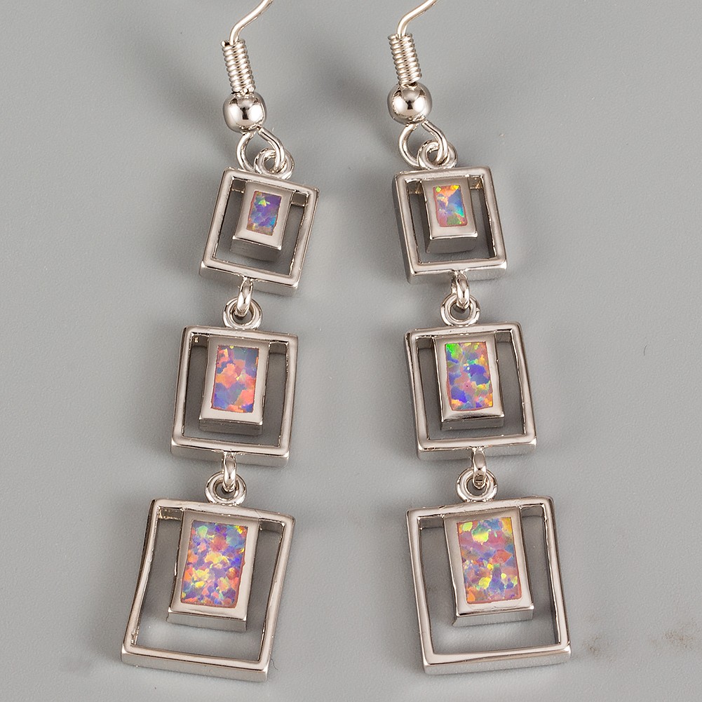 3 Rectangle Shape Lavender Purple Fire Opal Silver Jewelry Dangle Drop Earrings