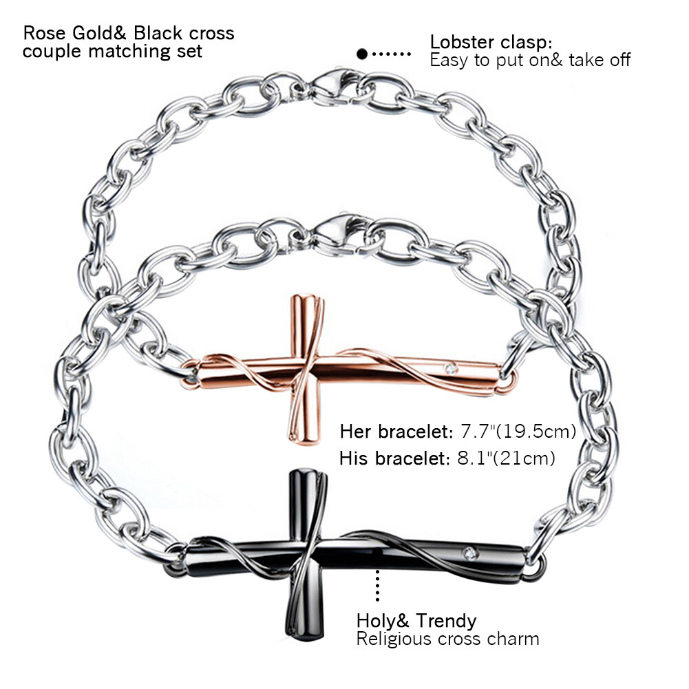 His Hers Stainless Steel Couples Matching Cross Charm Bracelet Pendant Necklace