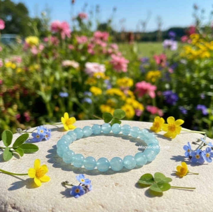 8mm Natural Aquamarine Stretch Bracelet Handmade Aqua Crystal Healing Jewelry