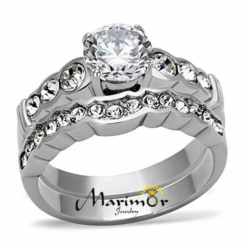 STAINLESS STEEL 2.35 CT ROUND ZIRCONIA 316L ENGAGEMENT WEDDING RING SET SZ 5-10