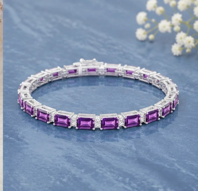 10 Ct Emerald Cut Simulated Amethyst Women Tennis Bracelet 14K White Gold Plated