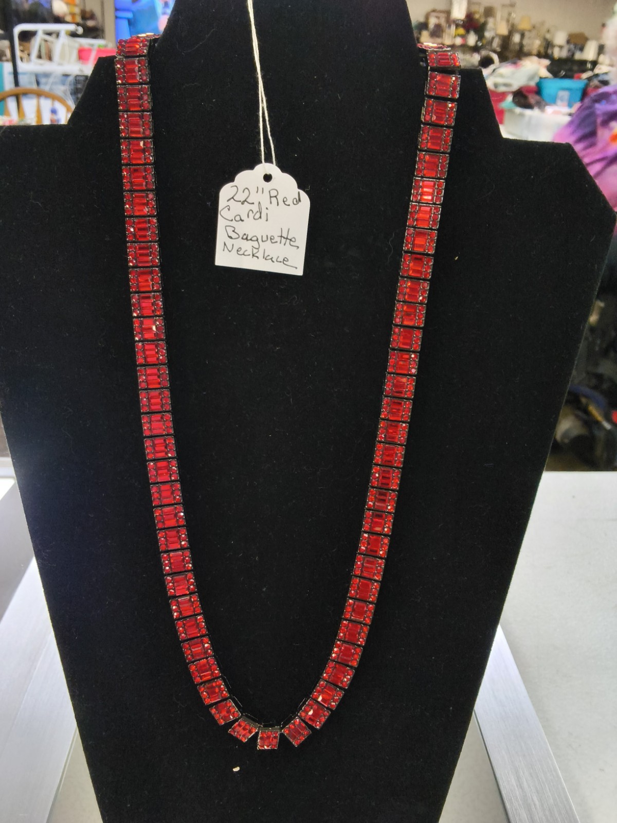 22″ Red Baguette Crystal Tennis Necklace Black Tone Setting Statement Jewelry…