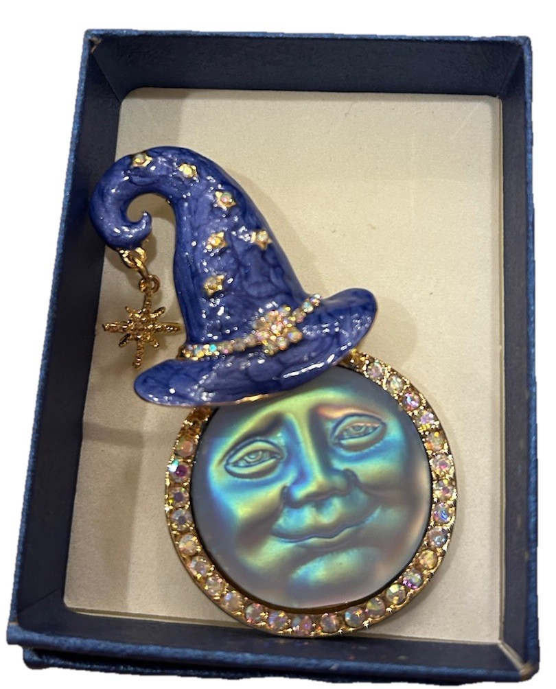 Mystical Iridescent Blue MOON FACE Brooch/Pendant w/Hat AB Crystals, Star Charm