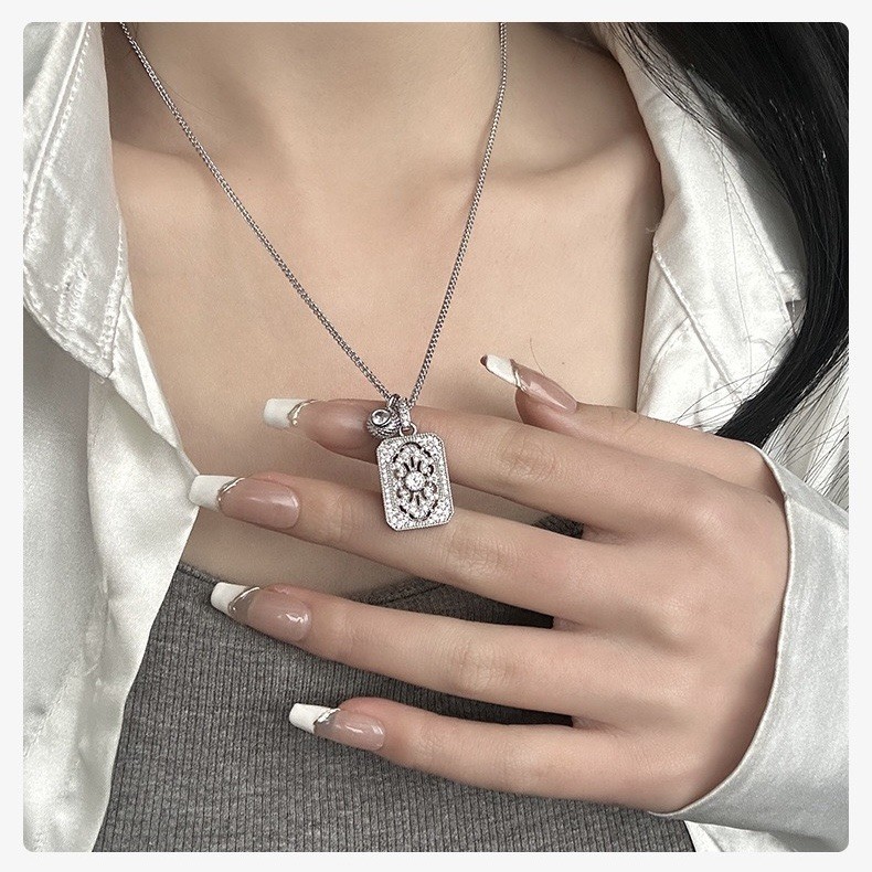 Vintage Square Tag Simulated CZ Pendant Adjustable Wheat Chain Necklace