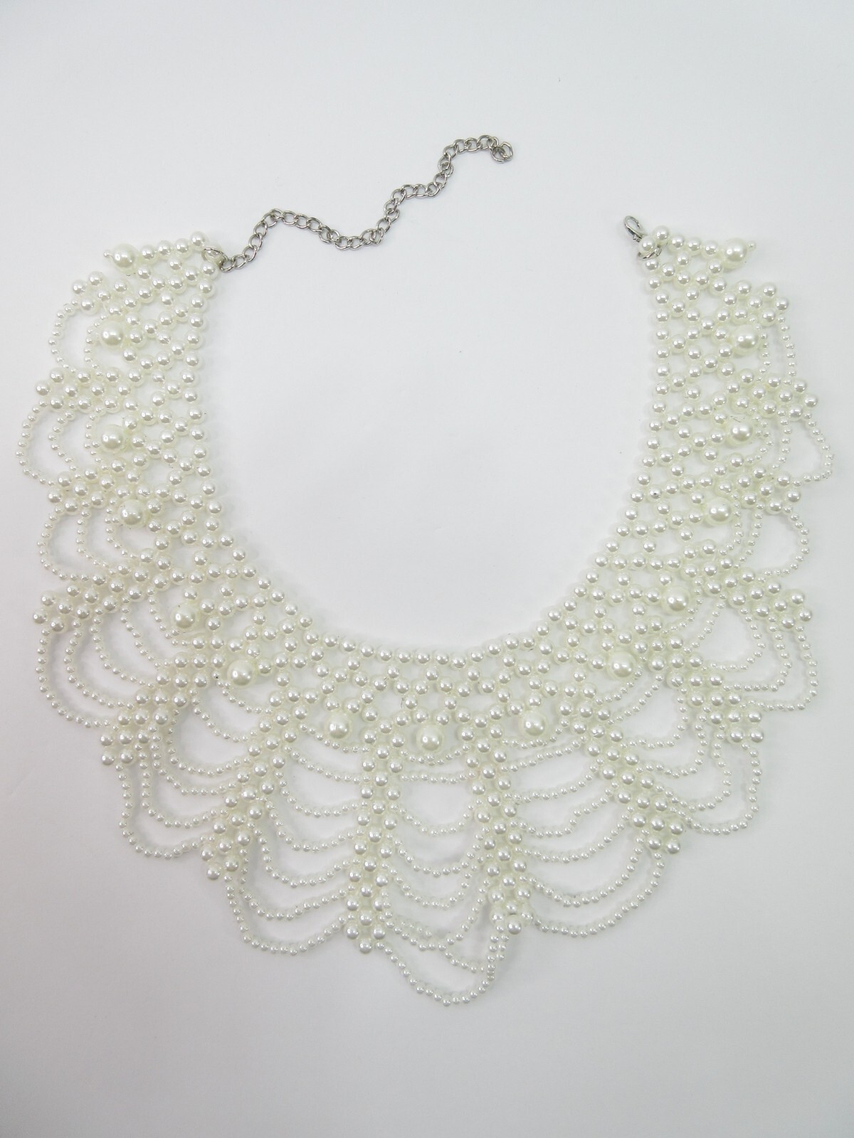 Pearl Collar Necklace Choker Victorian Lace Scalloped Wide Bib Off White PRETTY
