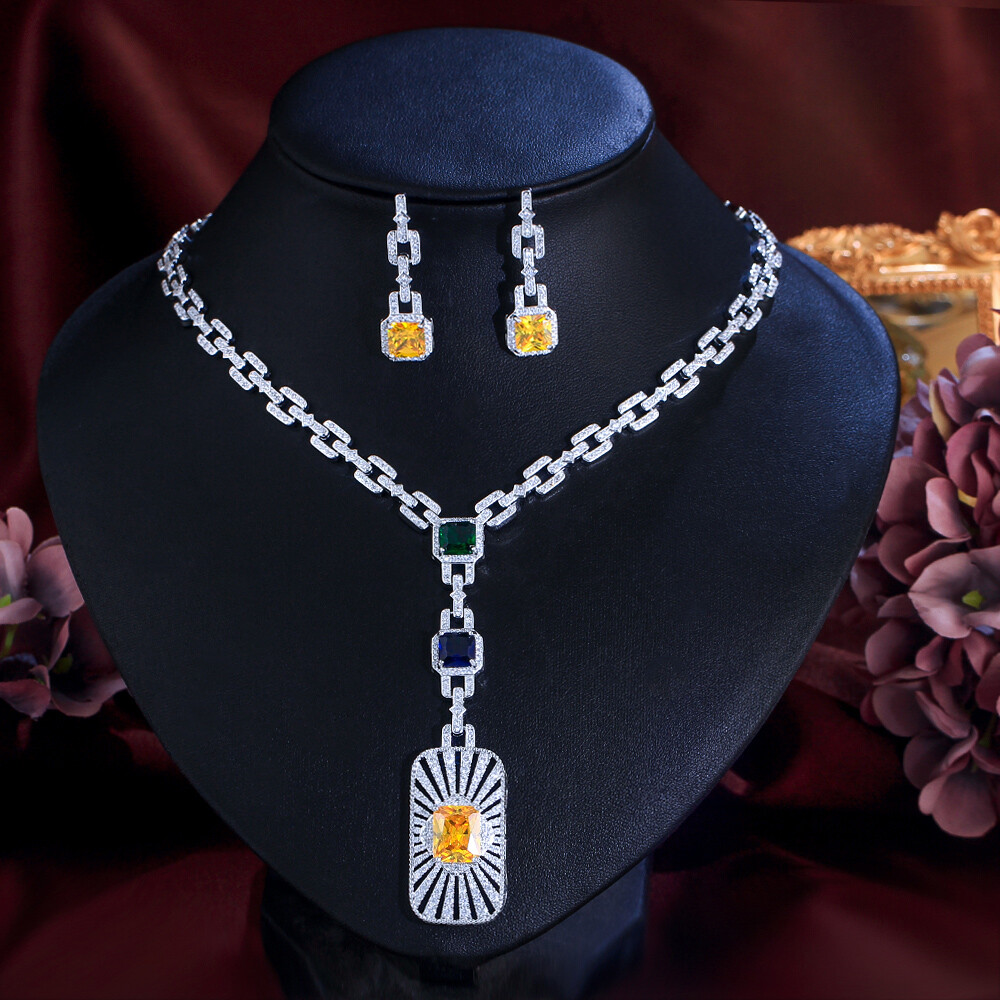Women Silver Plated Long Chain Drop Necklace Earrings Zirconia Party Jewelry Set