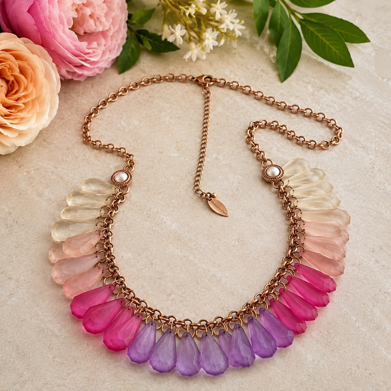 Pink Purple Blush Clear Lucite Fringe Statement Necklace Rose Gold Coldwater 34″