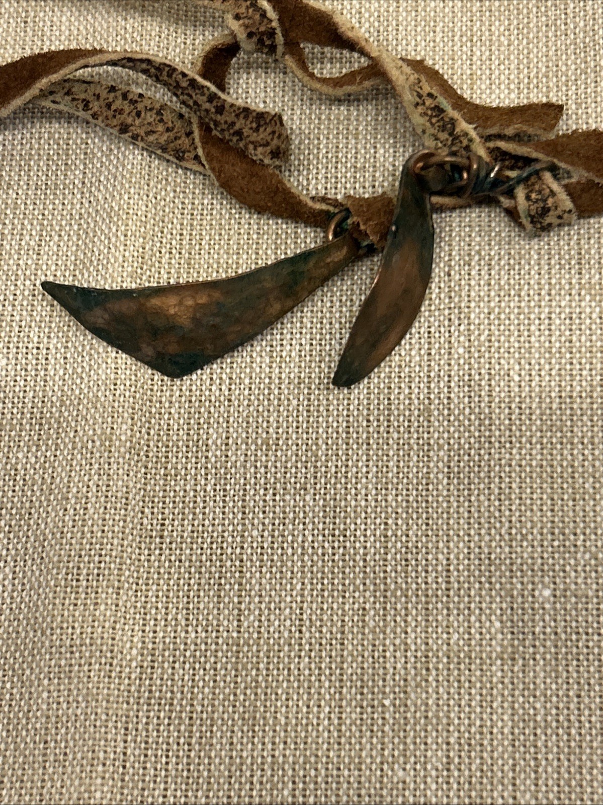 Set of Two Boho Tribal Style Necklaces Leather Cord Copper Metal Charms Beads
