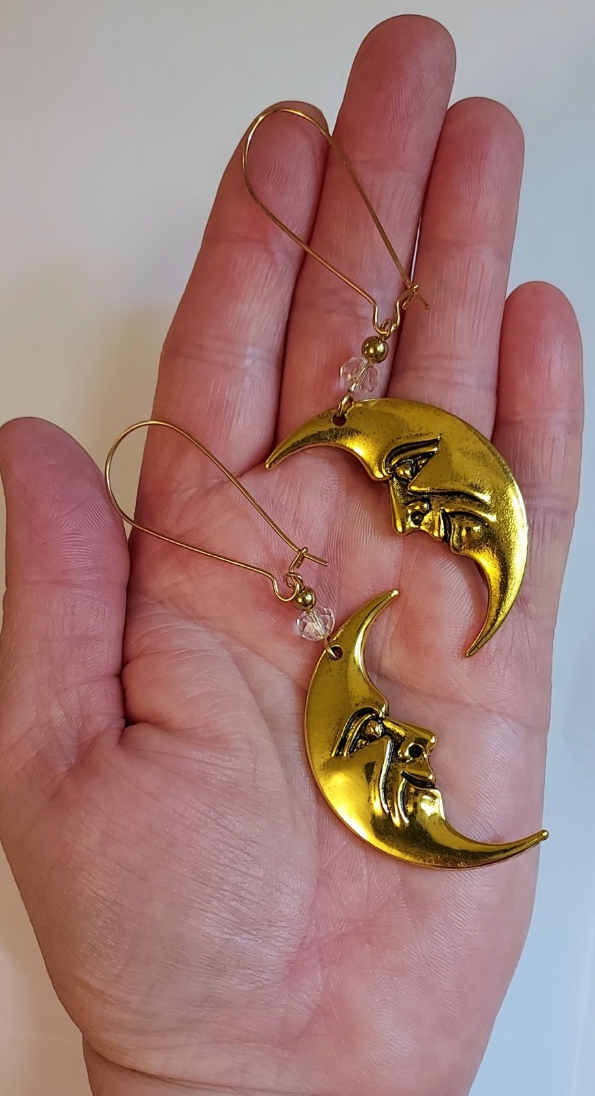 Moon Face Dangle Earrings Gold Tone Celestial Crescent Moon Statement