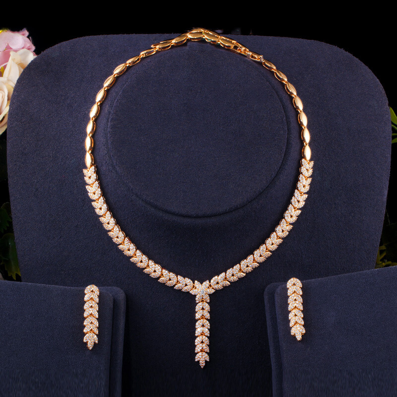 Silver Plated Leaf Necklace and Earrings Dangle Cubic Zircon Wedding Jewelry Set