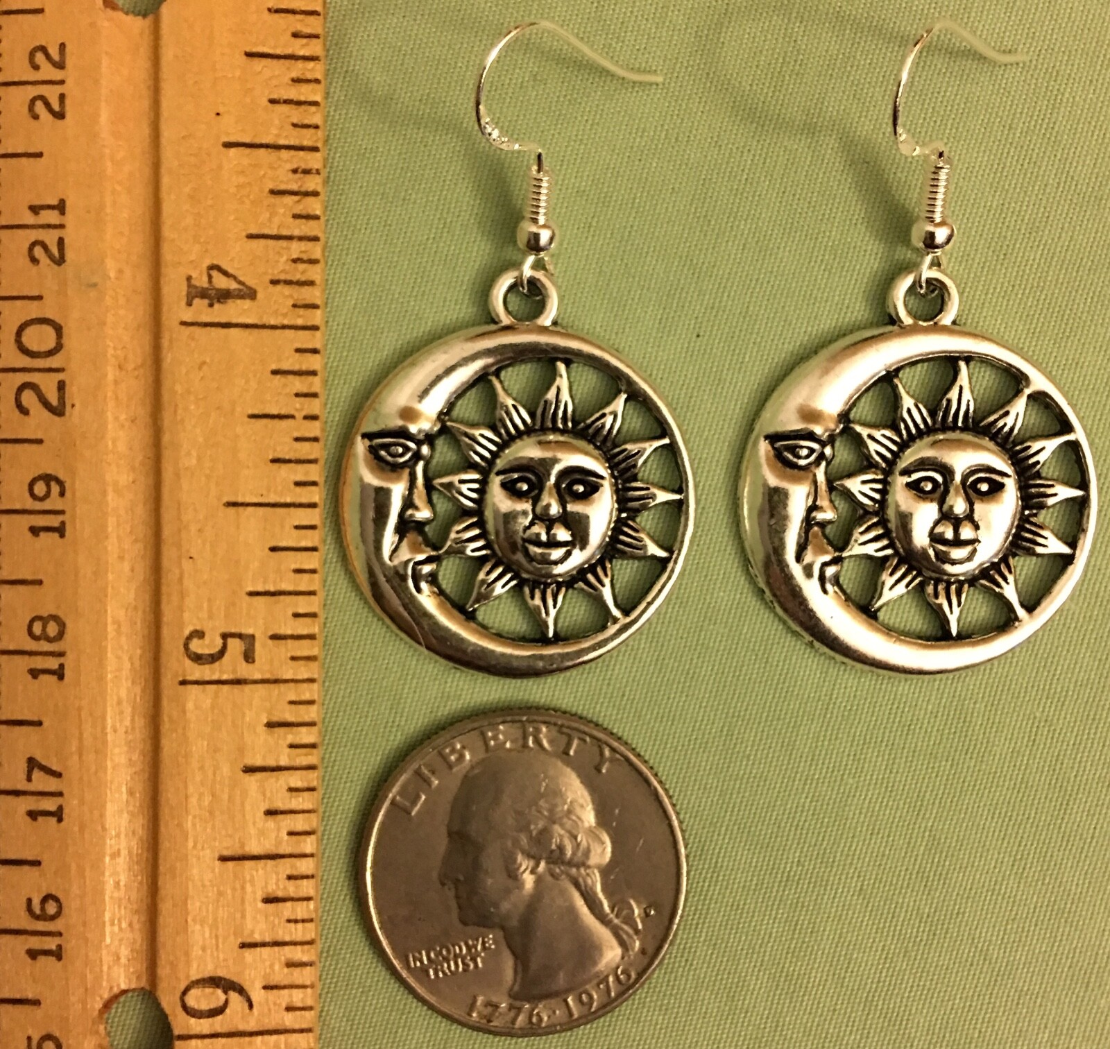 MOON and SUN FACE EARRINGS – Pewter with Sterling Silver Ear Wires (or GP)