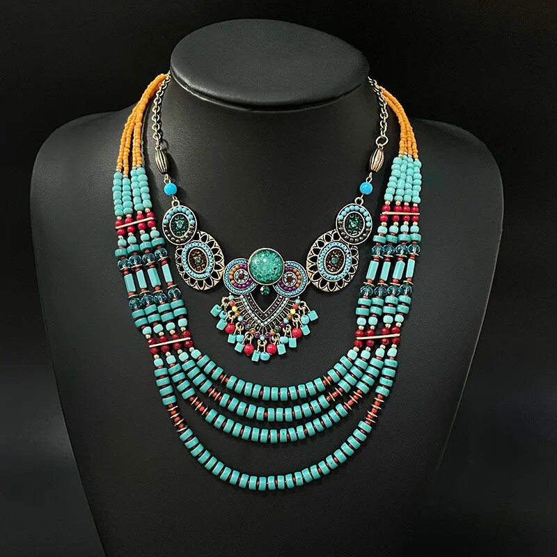 Retro Exotic Ethnic Bohemian Necklace Earrings Set Female Owl Bead String