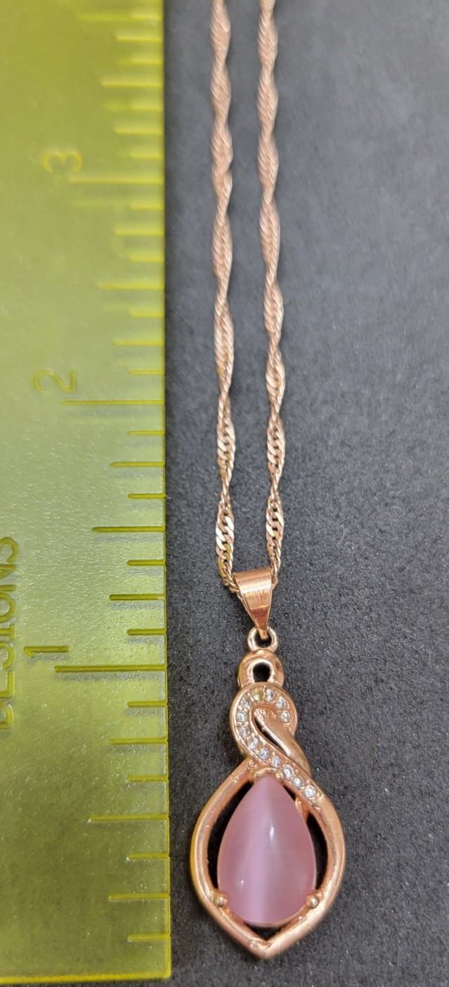 Aloha Moni Pink Opal Pendant and Cubic Zirconia Necklace and pink gold Chain 925