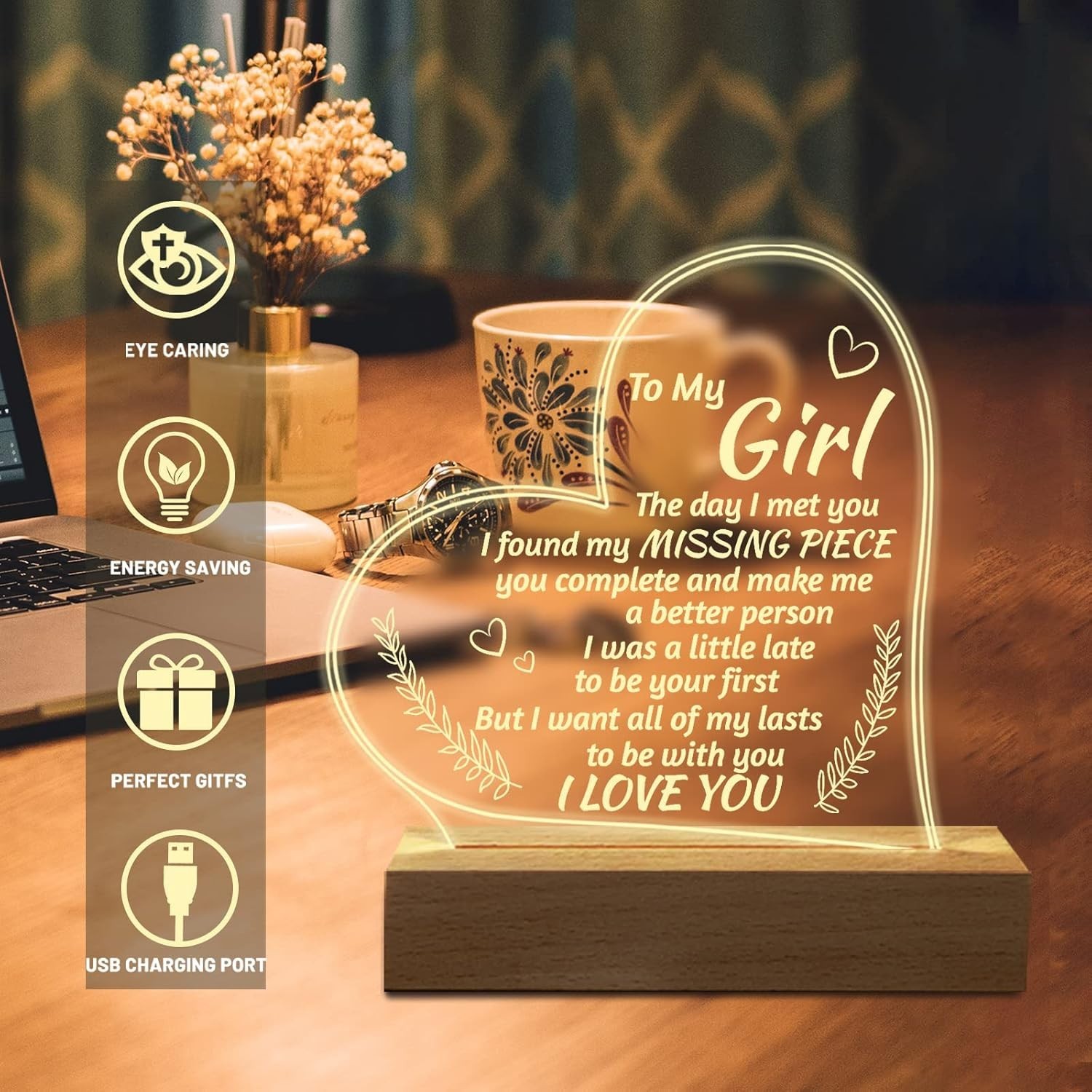 7 Color Acrylic Night Light Valentines Day Gift Birthday for Her Wife Girlfriend