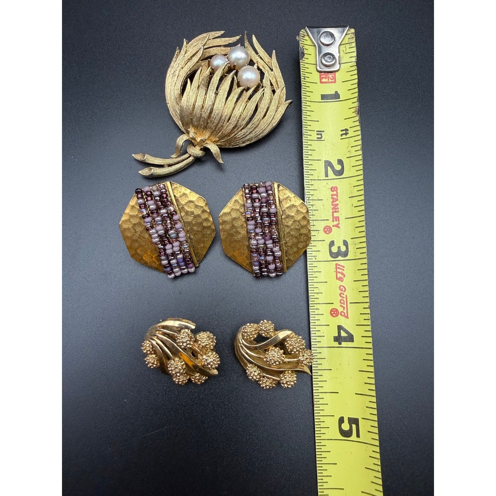 Lot Lisner Faux Pearl Brooch Crown Trifari Mimosa Earrings, Cat Stimmel Earrings