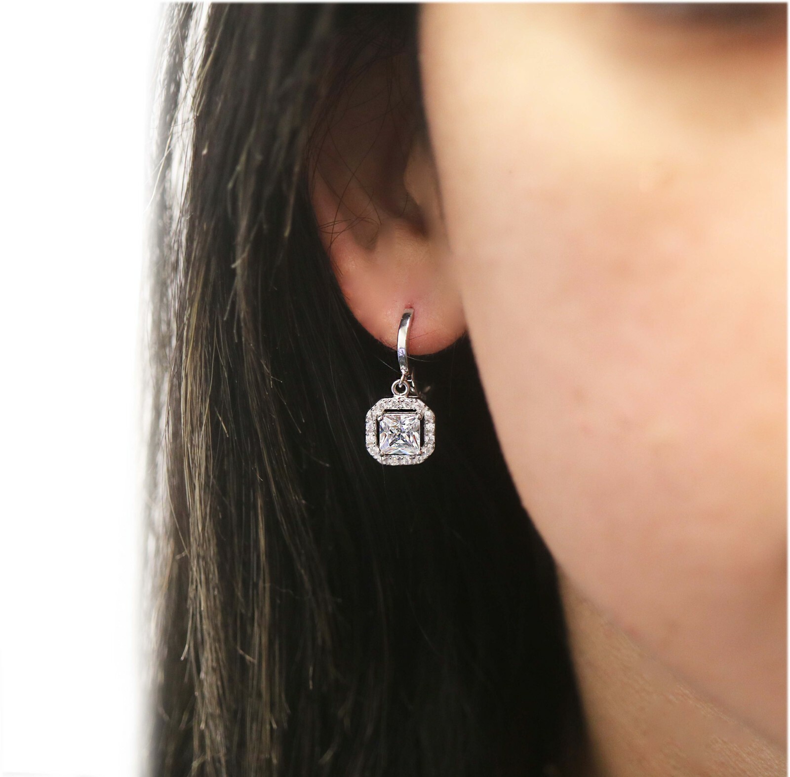 925 Sterling Silver White Topaz Princess Cut Halo Leverback Drop Dangle Earrings