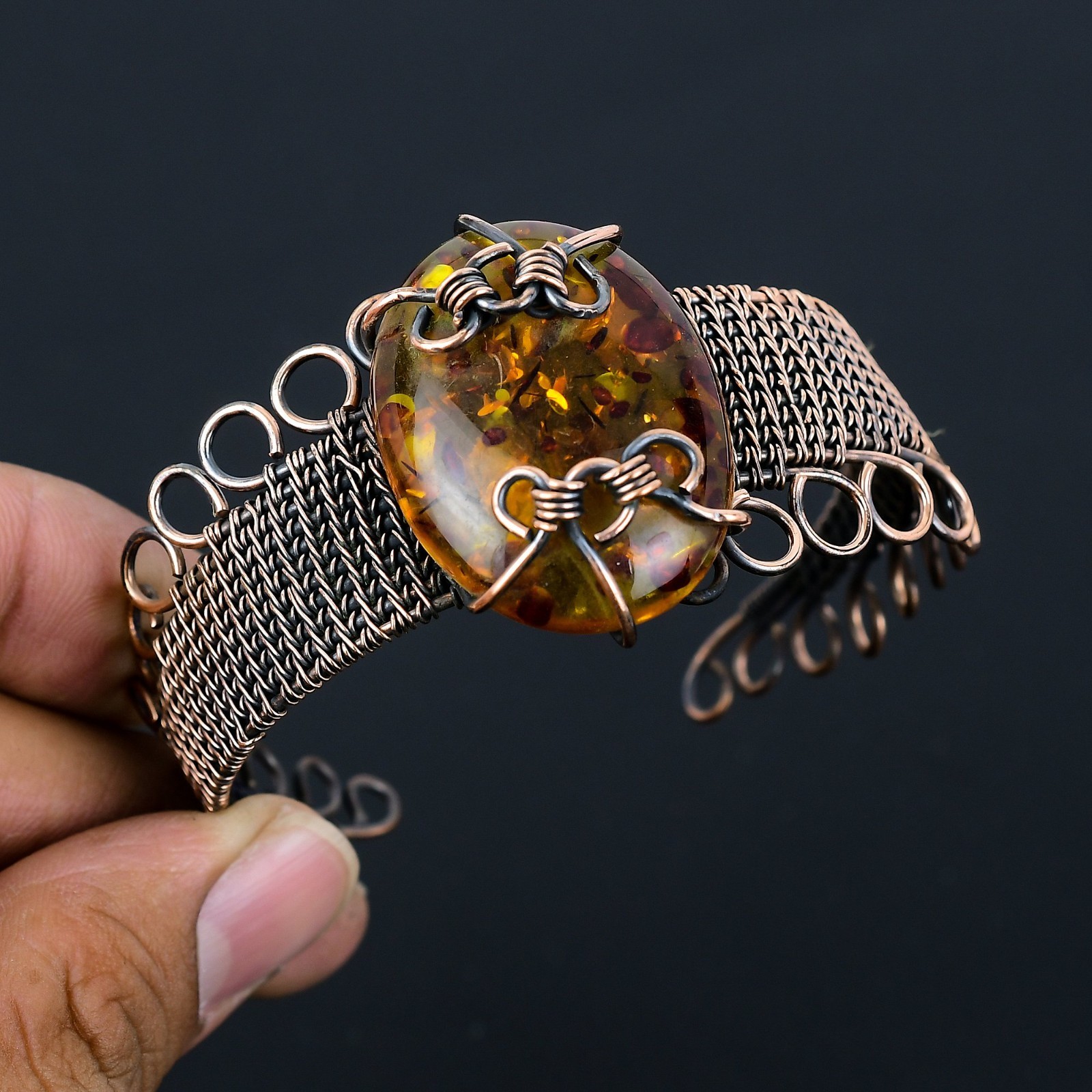Baltic Amber Handmade Gemstones Copper Wire Wrapped Adjustable Bangle Jewelry