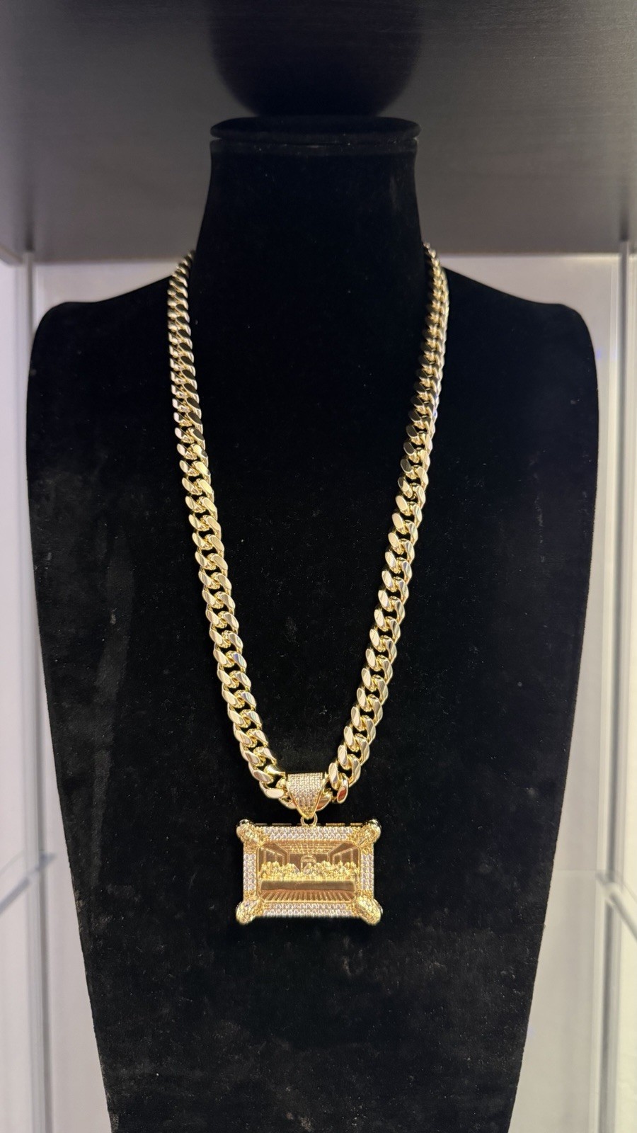 Yellow Gold Plated Cuban Link Necklace w/ Religious Medal Pendant