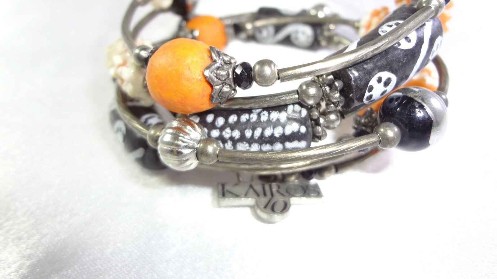 KAIROS 10 Mixed Materials Orange White & Black Beads Wrap Bangle Bracelet!