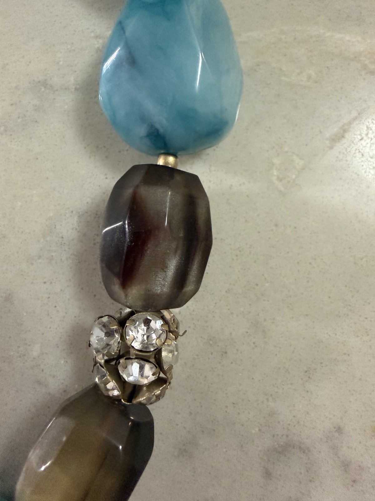Chunky Turquoise Blue Marbled bead Statement Necklace Rhinestone Accent Boho