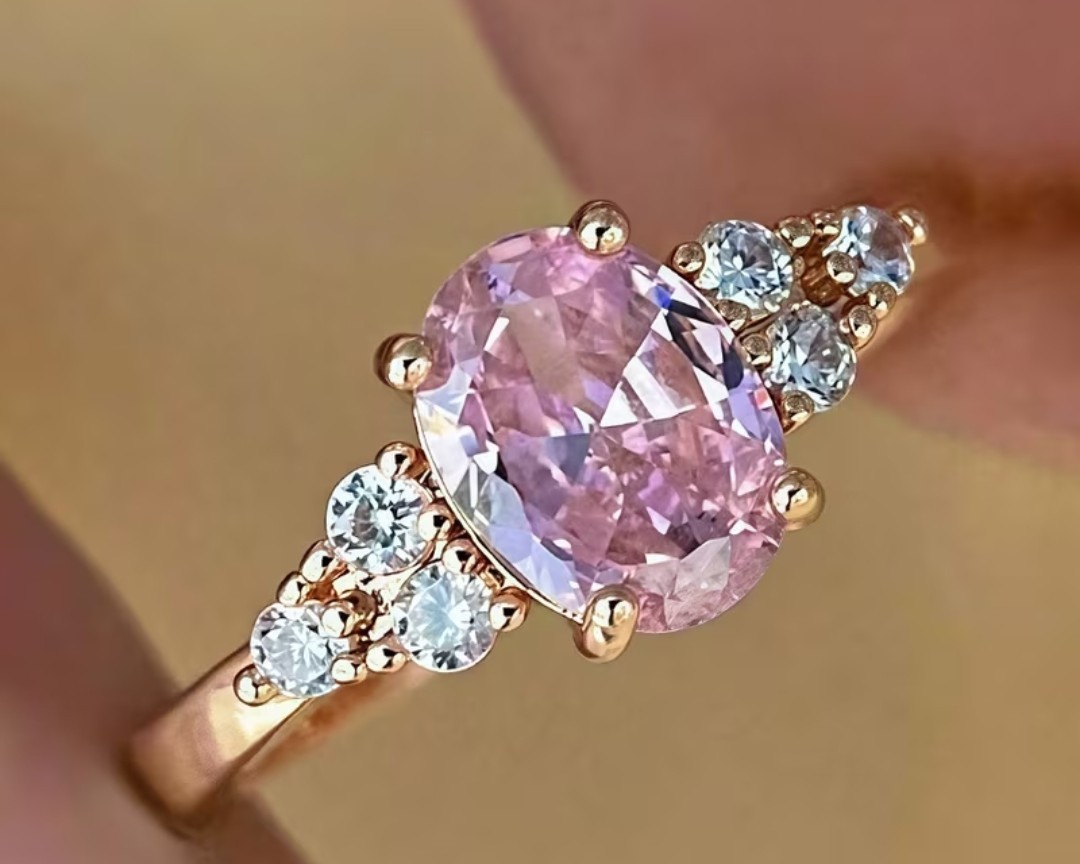 Pink Oval Simulated Diamond Solitaire Ring Rose Gold Prong Setting Size 7