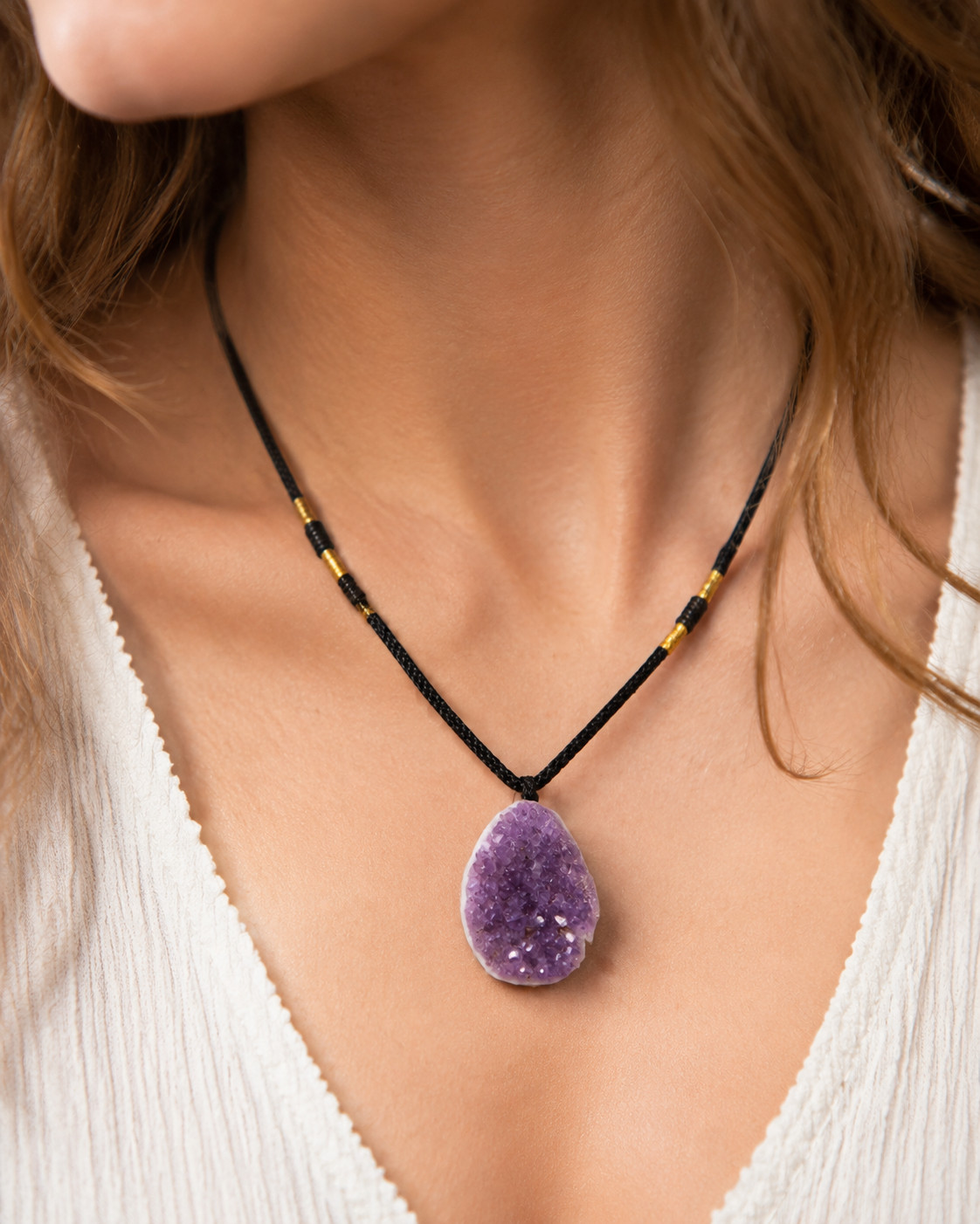 Natural Amethyst Cluster Pendant Necklace Adjustable Cord Car Charm Crystal Gift