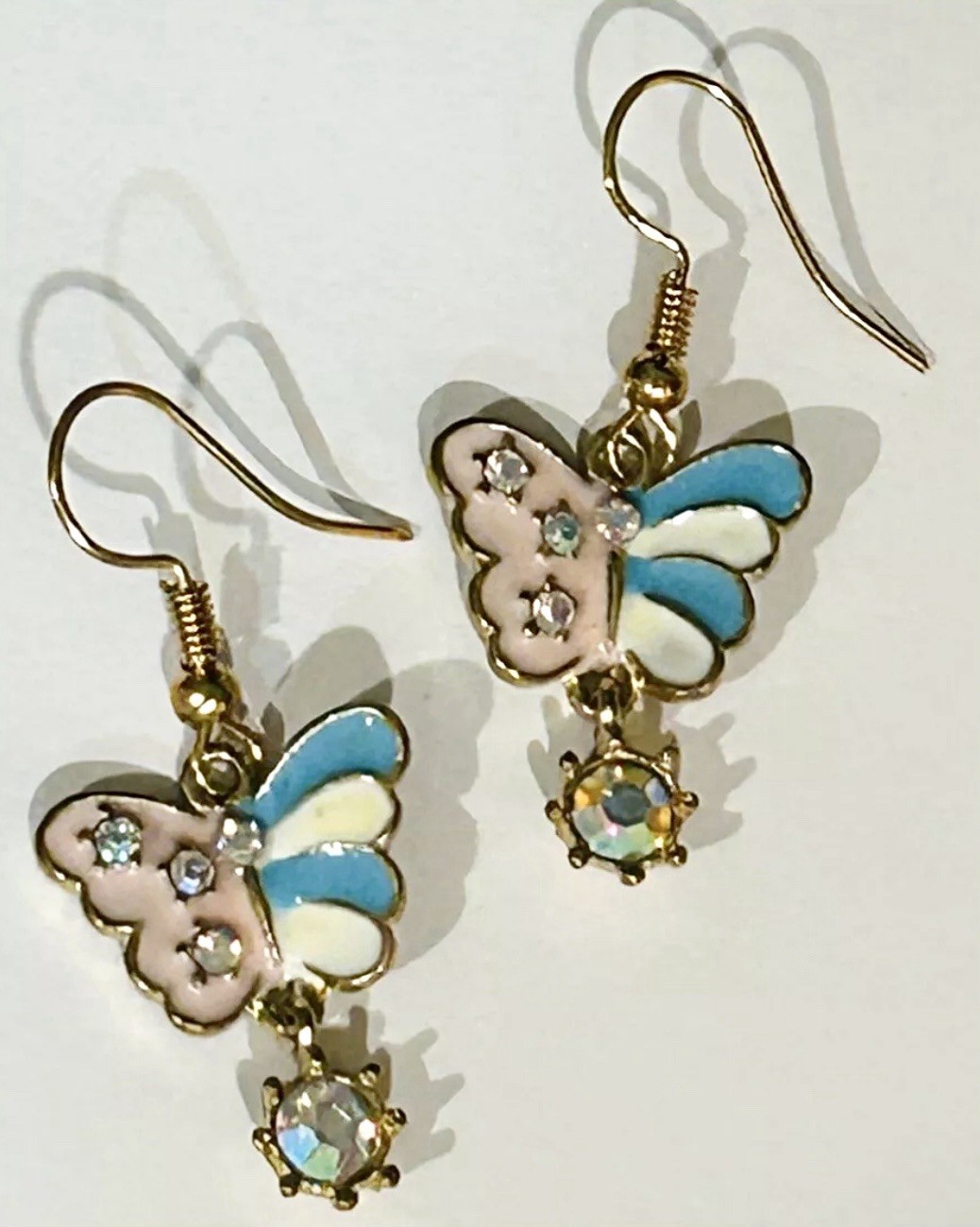 Gold Tone Blue Pink Enamel Rhinestone Butterfly Dangle Earrings NWOT