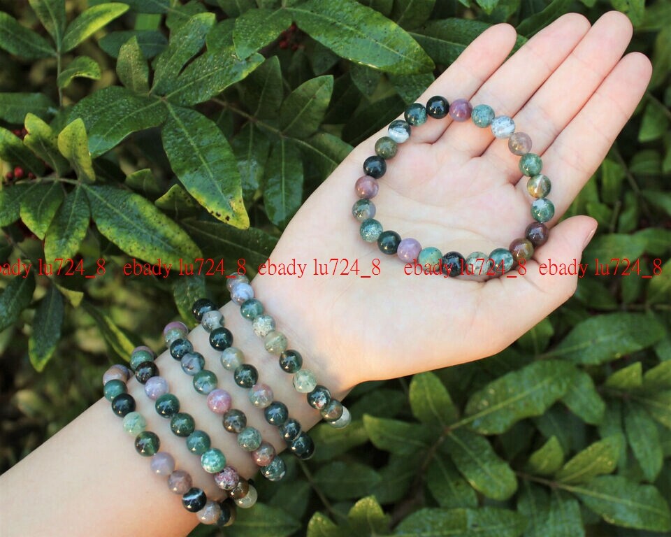 Exquisite Indian Agate 8mm Gemstone Round Beads Stretch Bracelet 7-9” Strand